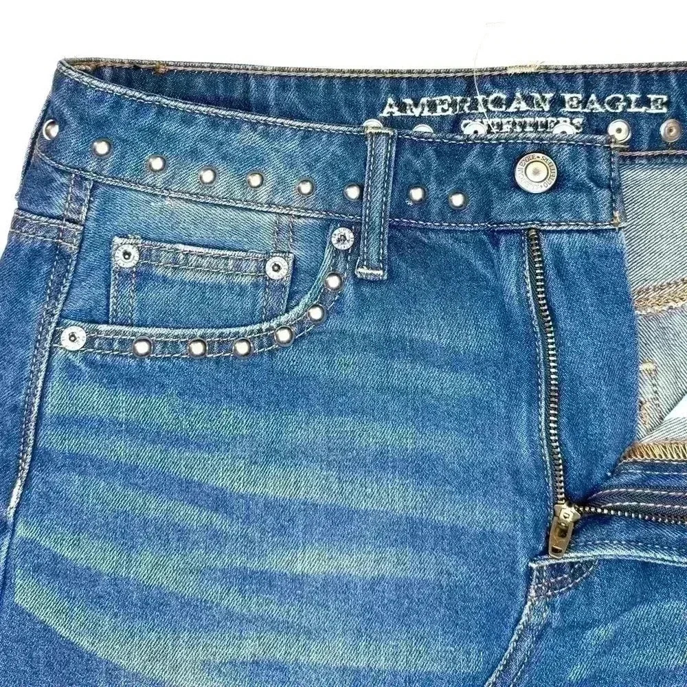 American Eagle Women Hi-Rise Festival Mini Jean Skirt SZ 4 Short Studded Frayed - Picture 2 of 5
